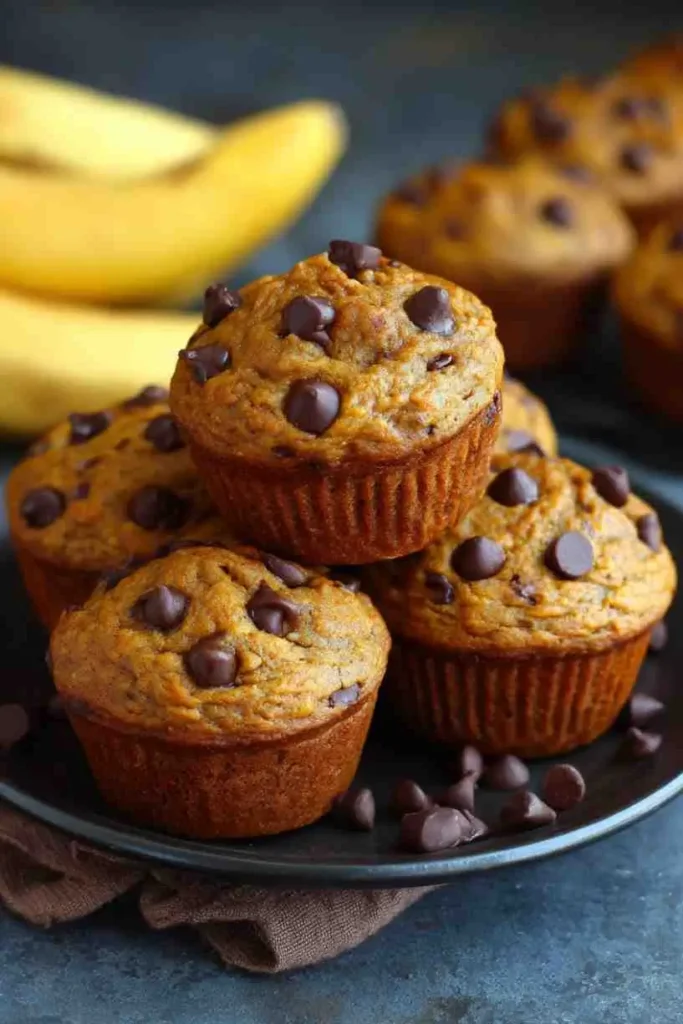 Stacked pumpkin chocolate chip muffins with chocolate chips on top, bananas in the background.