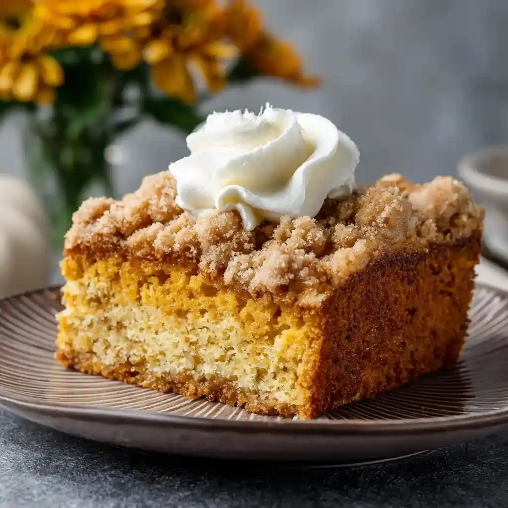 A slice of pumpkin spice crumb cake with buttery streusel topping and a swirl of whipped cream on a plate.