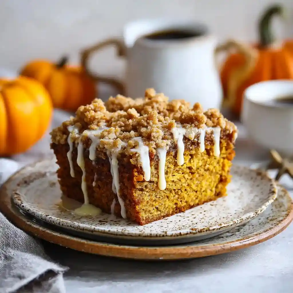 Pumpkin spice crumb cake topped with cinnamon streusel and drizzled with glaze, served on a rustic plate.