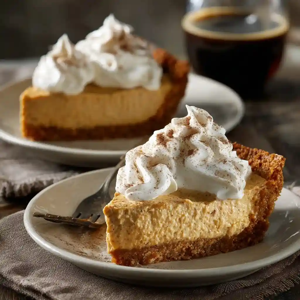 Two slices of pumpkin spice pie topped with whipped cream and cinnamon on white plates.