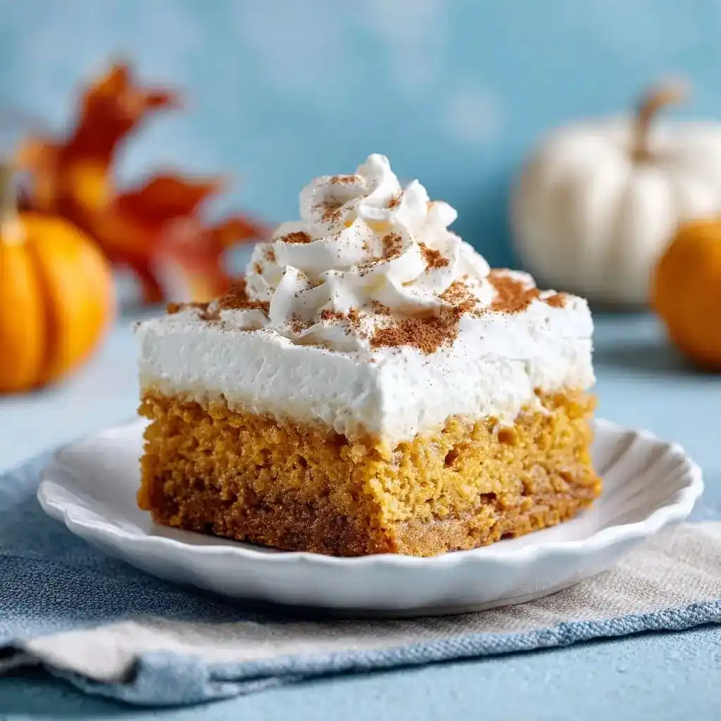 Slice of pumpkin spice poke cake topped with whipped cream and sprinkled with cinnamon, served on a white plate with pumpkins in the background.