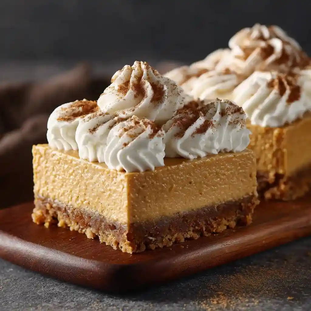 Pumpkin spice cheesecake bars with graham cracker crust and piped whipped cream.