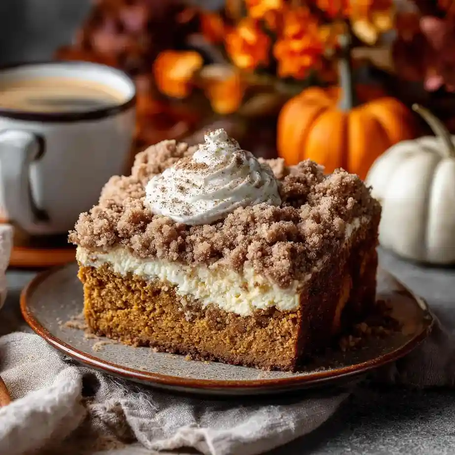 Pumpkin spice crumb cake with a creamy layer and cinnamon streusel topping, garnished with whipped cream and served with coffee.