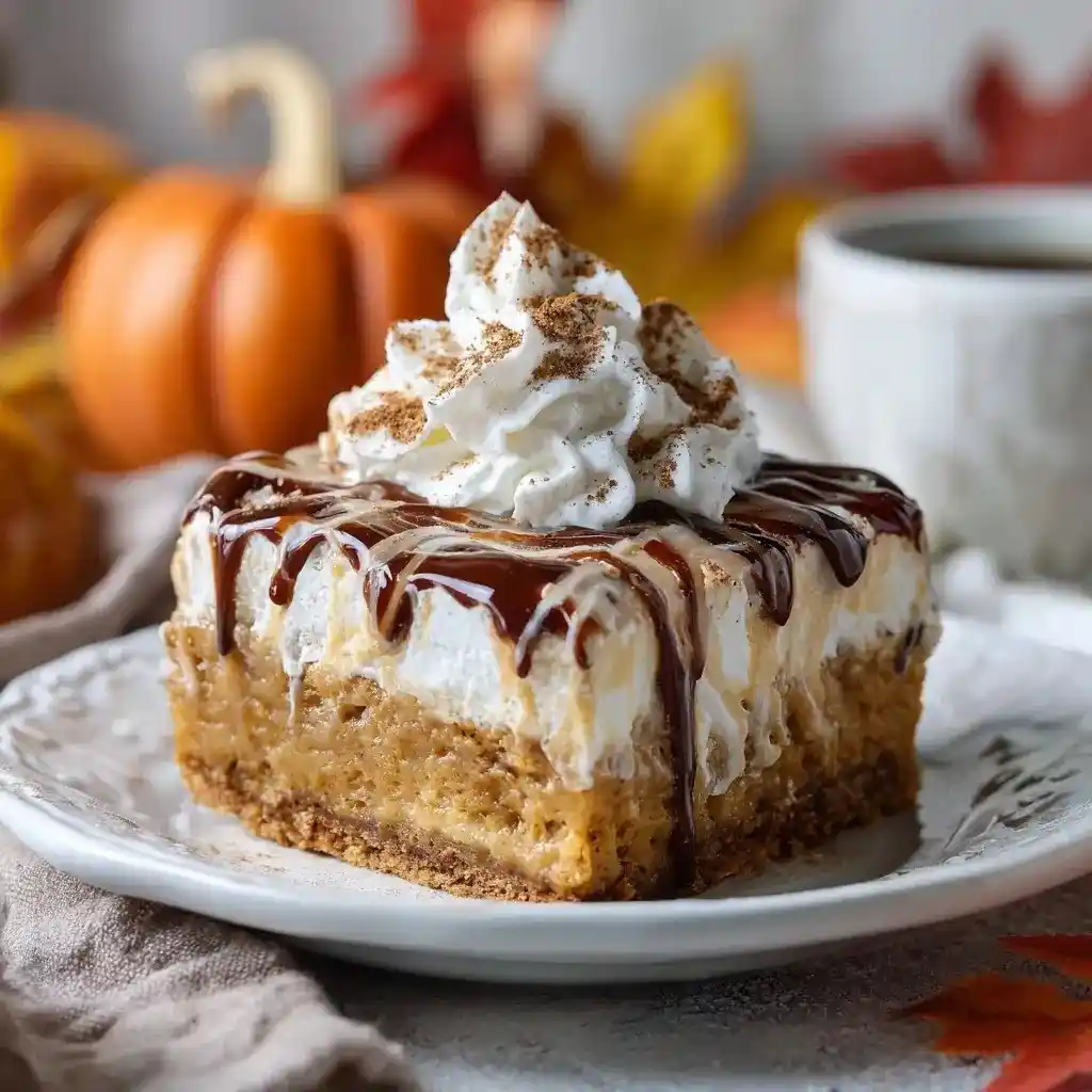 Pumpkin spice poke cake slice topped with caramel and whipped cream, surrounded by pumpkins and fall leaves.