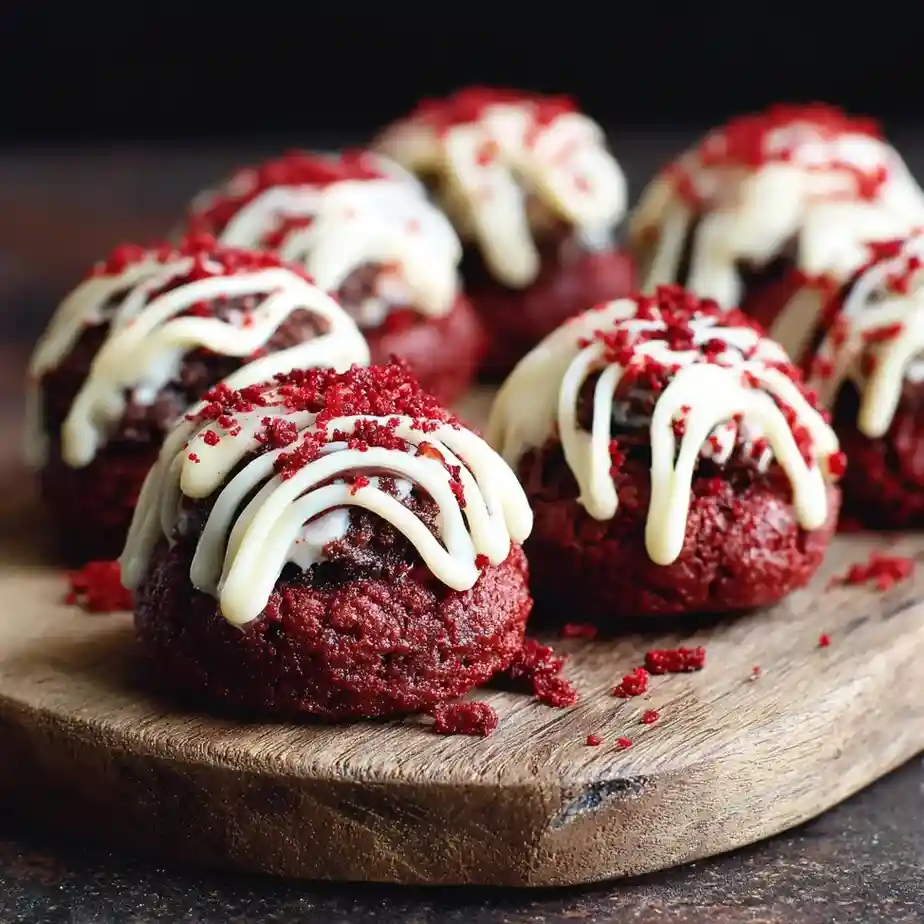 Red velvet brownie bites topped with cream cheese drizzle and red velvet crumbs on a wooden board.