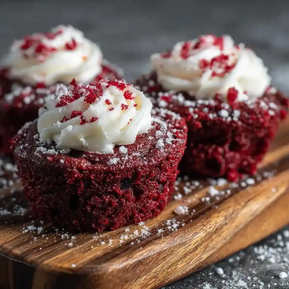Red velvet mini brownie bites topped with cream cheese frosting swirl and dusted with powdered sugar on a wooden board.