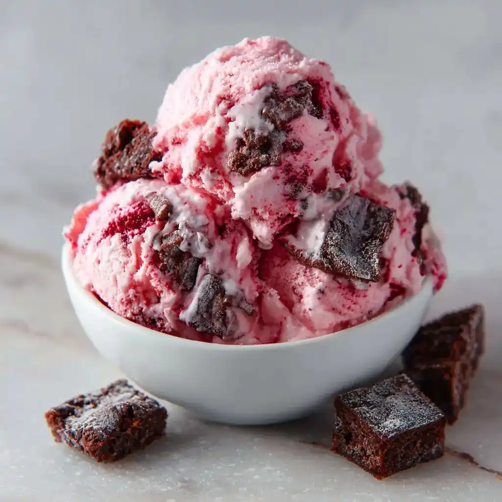 A bowl filled with red velvet ice cream swirled with brownie pieces on a marble background.