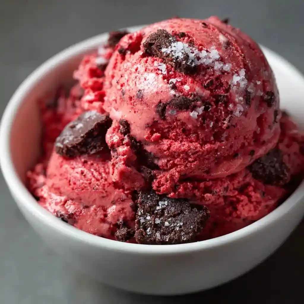 A close-up of red velvet ice cream scoops with brownie pieces and sugar sprinkles in a bowl.