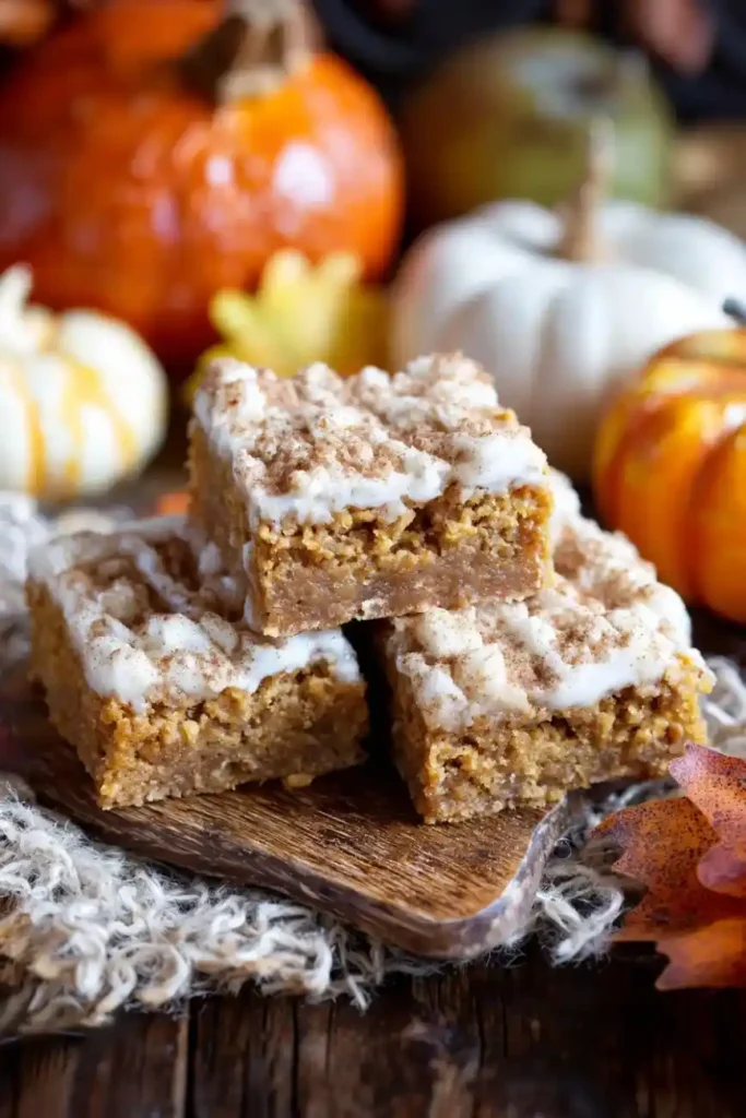 Stacked Snickerdoodle Pumpkin Bars topped with cinnamon crumble and vanilla icing, surrounded by pumpkins.