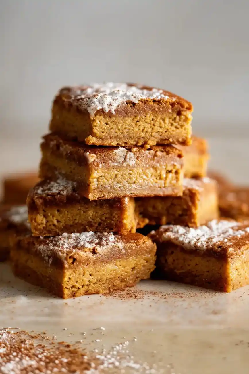 Close-up of cinnamon-sugar Snickerdoodle Pumpkin Cookie Bars stacked and dusted with powdered sugar.