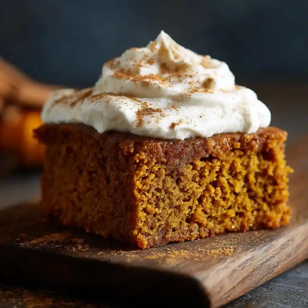 Moist square slice of spice cake mix and pumpkin topped with whipped cream and cinnamon on a wooden board.