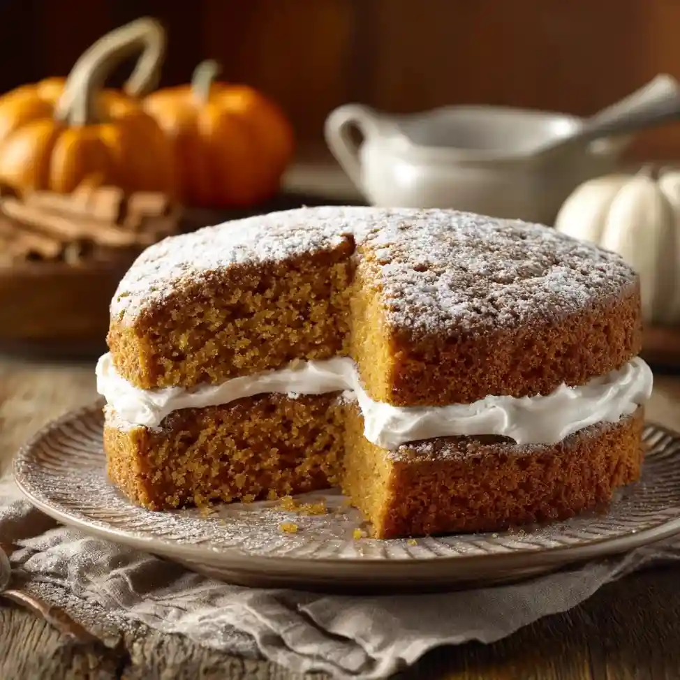 Two-layer pumpkin spice cake made with spice cake mix and pumpkin puree, filled with fluffy cream and dusted with powdered sugar.