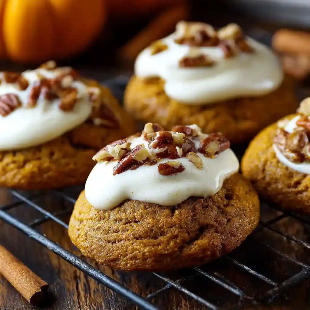 Pumpkin spice cake cookies topped with cream cheese frosting and chopped pecans on a cooling rack.