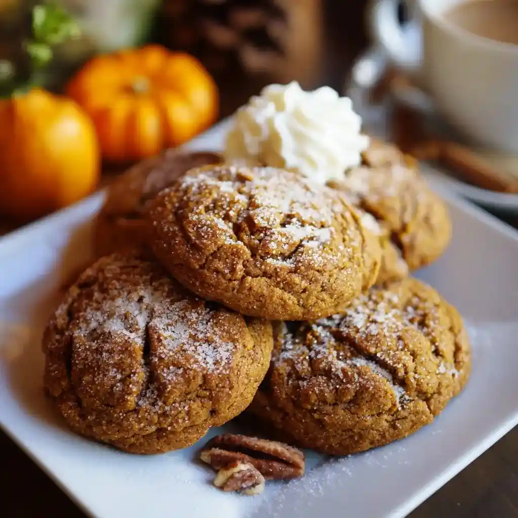 Spice cake pumpkin cookies dusted with powdered sugar, topped with whipped cream, and surrounded by fall pumpkins.