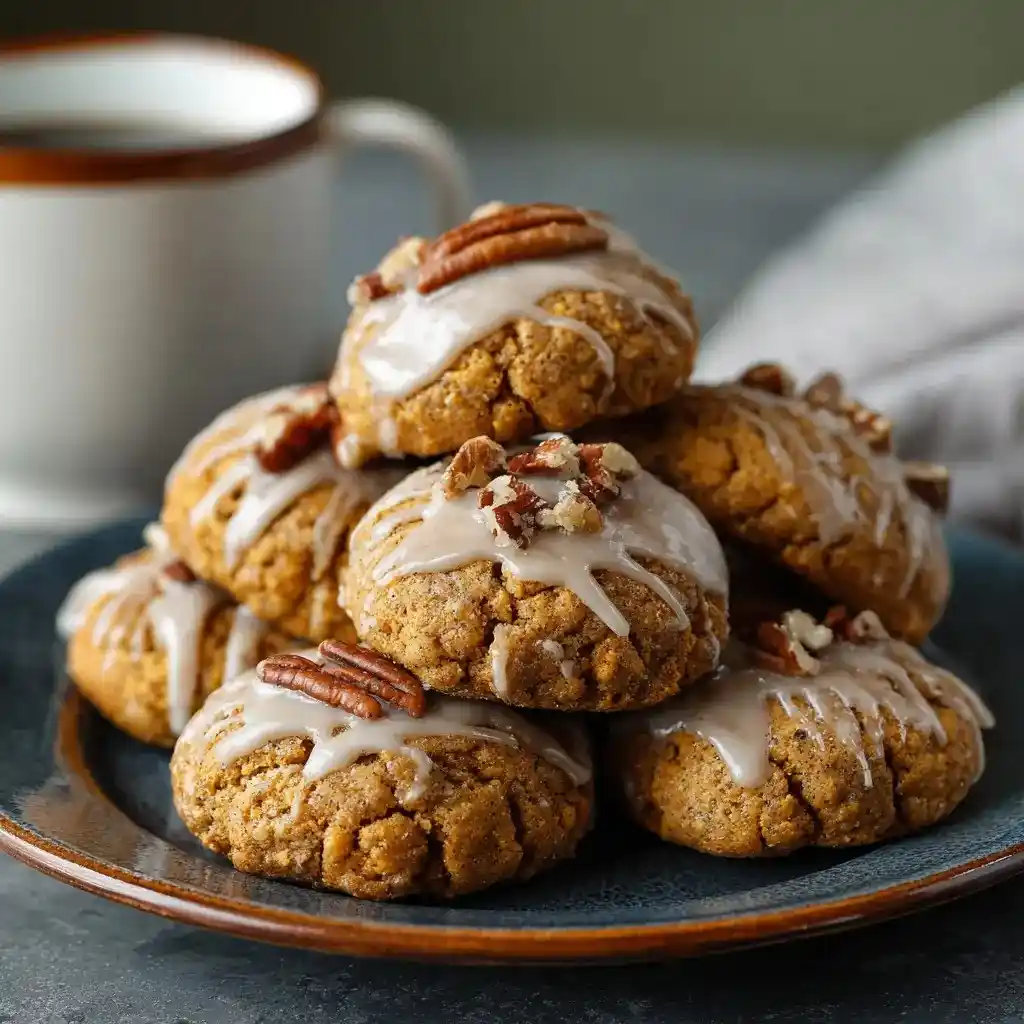 Plate of glazed spice cake pumpkin cookies topped with pecans and served with a warm cup of coffee.