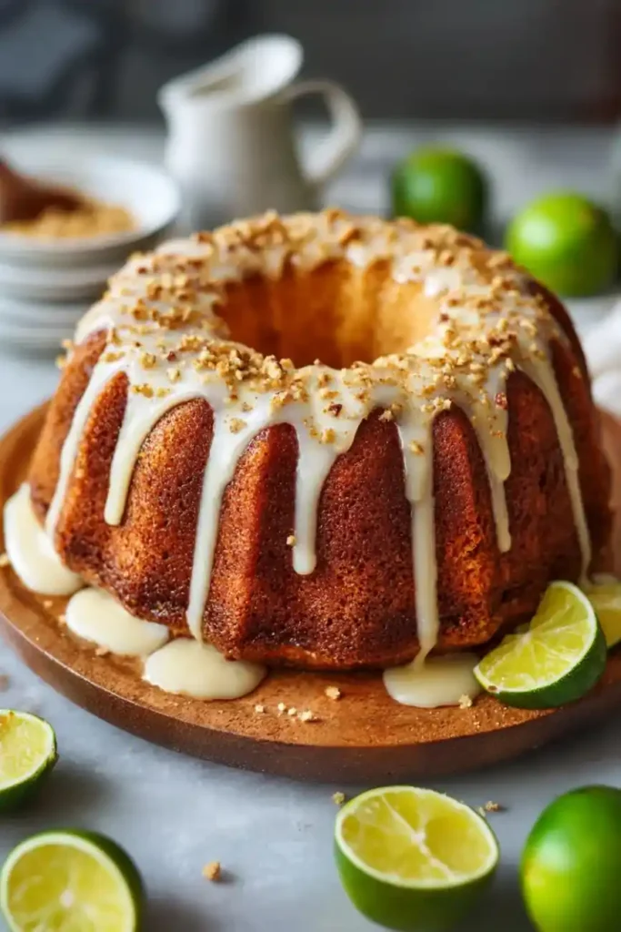 Golden brown spiced rum bundt cake drizzled with glaze and topped with crushed nuts, surrounded by fresh lime halves.