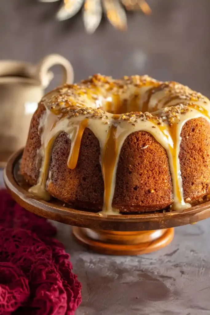 Rich spiced rum bundt cake with creamy glaze and caramel drizzle on a wooden cake stand.