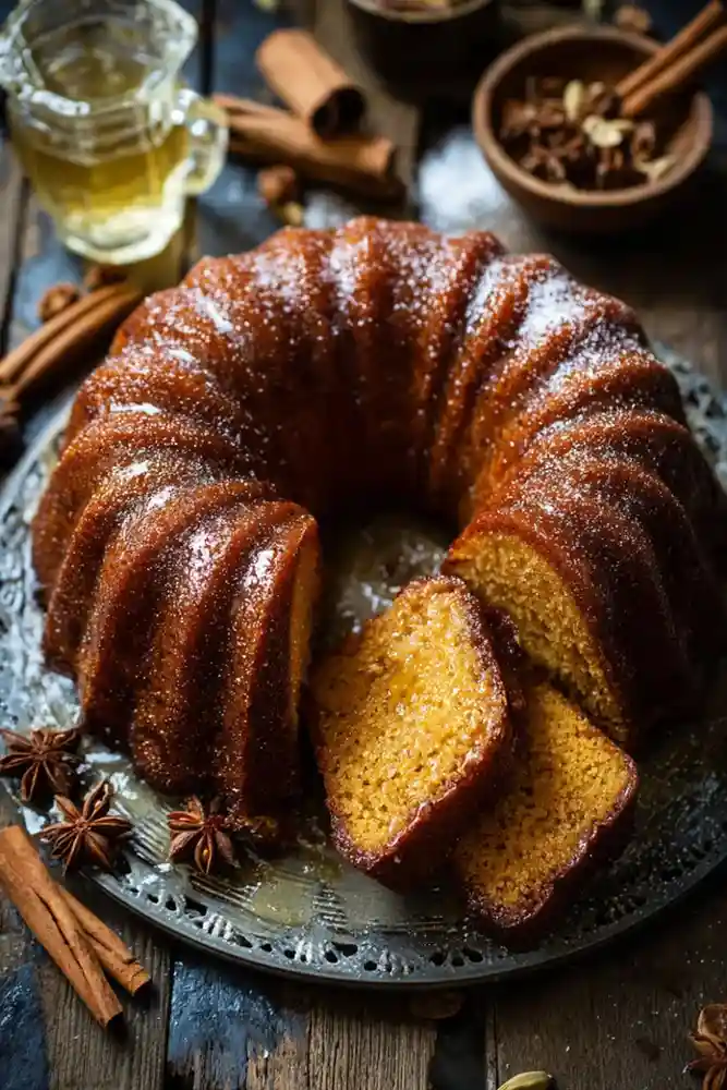 Sliced spiced rum cake on a metal tray surrounded by cinnamon sticks and star anise.
