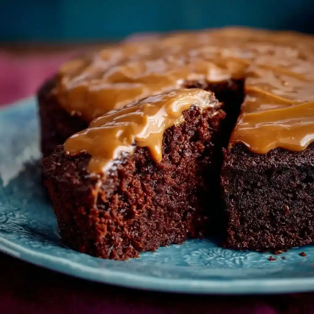 A close-up of Sweet Potato Chocolate Cake topped with caramel glaze, sliced on a blue plate.