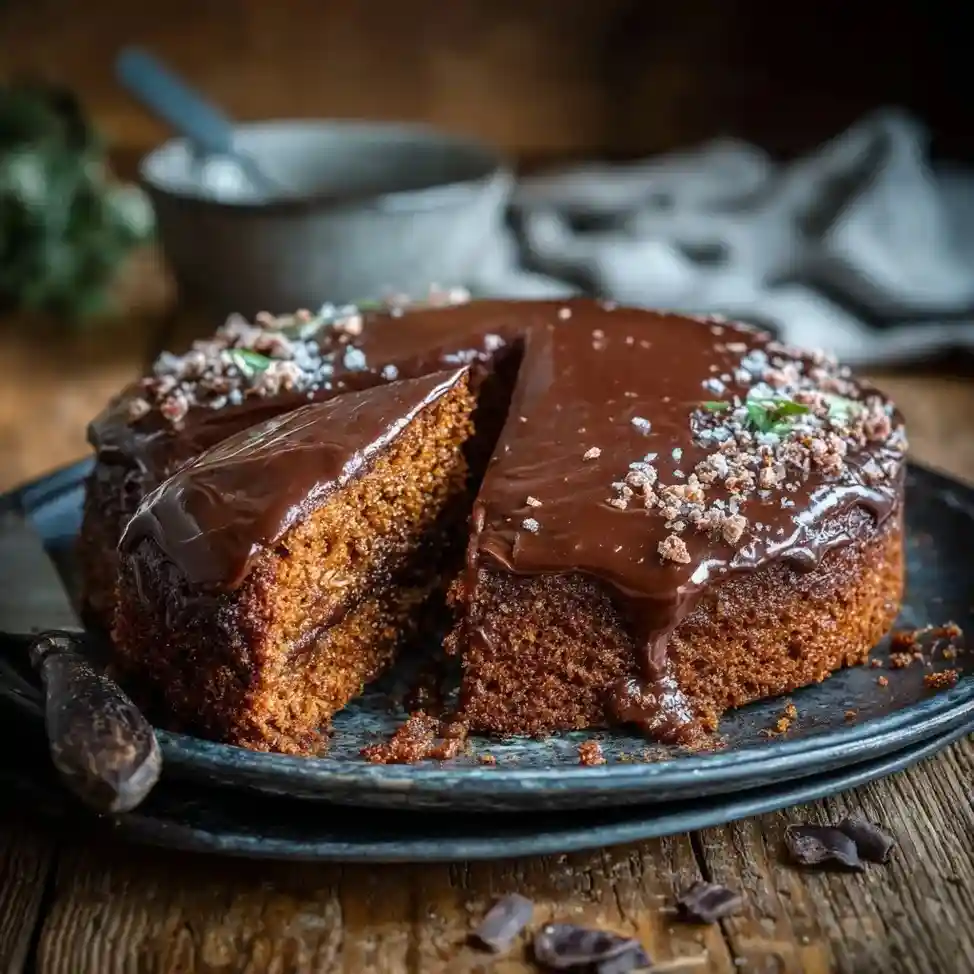 A round sweet potato chocolate cake topped with glossy chocolate frosting and sprinkled toppings on a rustic plate.