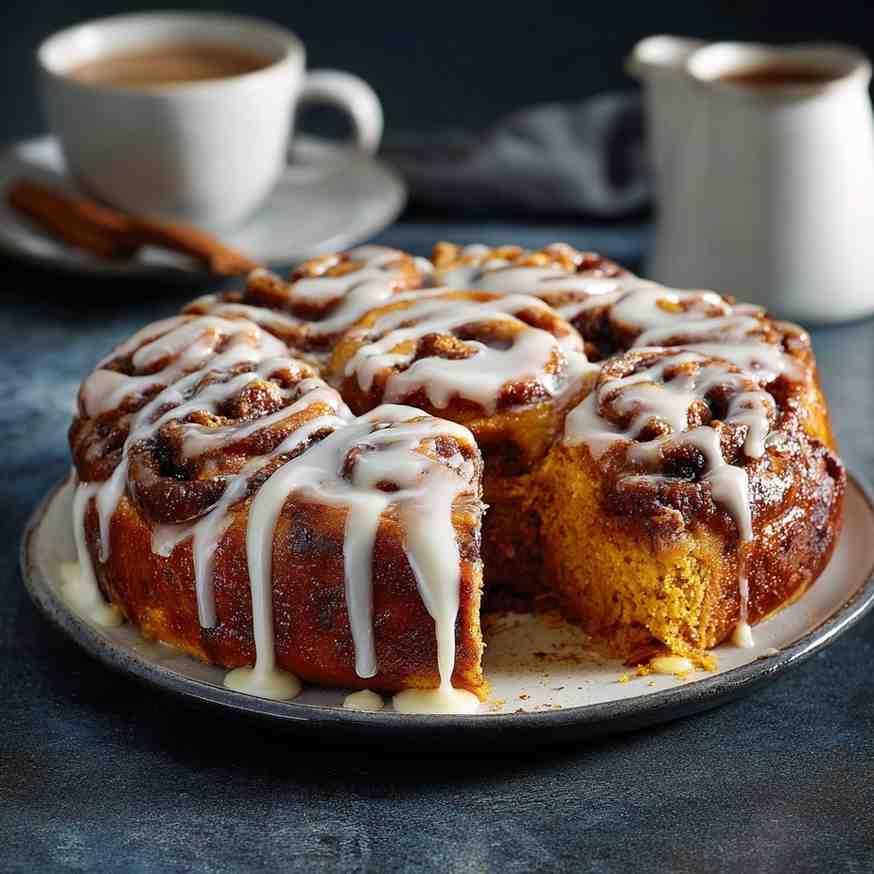Freshly baked Sweet Potato Cinnamon Roll Cake topped with cream cheese glaze, served with coffee.