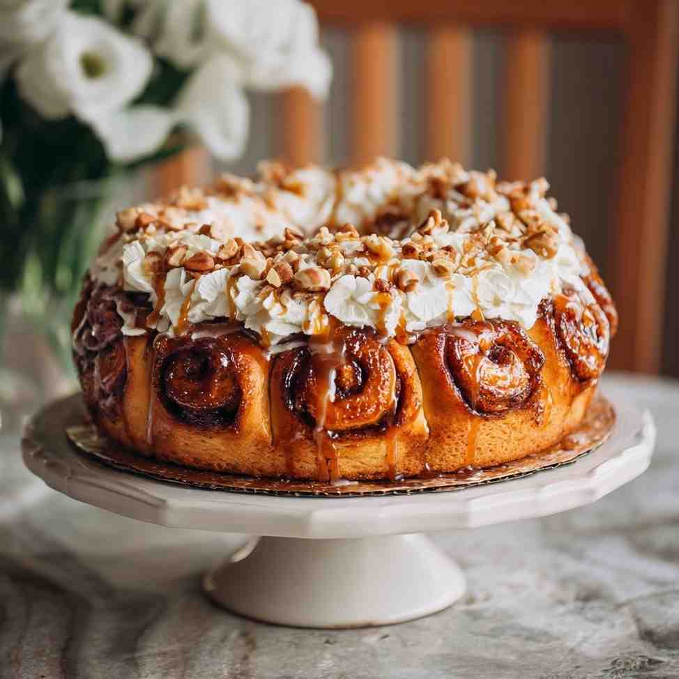 Sweet Potato Cinnamon Roll Cake on a stand topped with whipped cream, caramel drizzle, and chopped nuts.