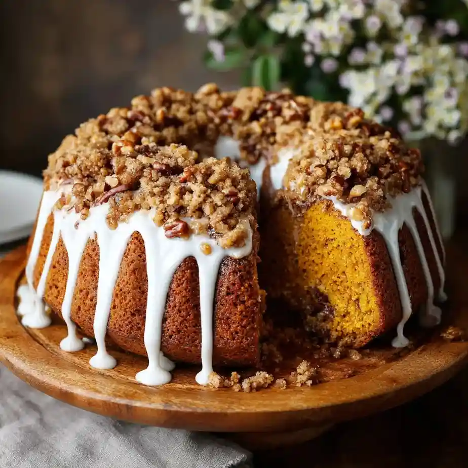 Sweet potato coffee cake baked in a bundt pan, topped with pecan streusel and white glaze, surrounded by flowers.