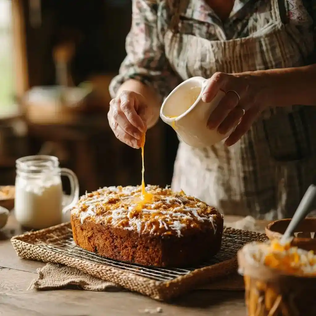 Person pouring glaze over freshly baked sweet potato coffee cake on a wooden table with rustic kitchen decor.