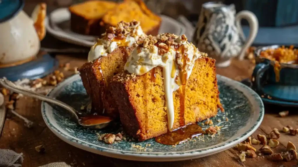 Freshly baked sweet potato pound cake loaf with slices cut, dusted with powdered sugar.