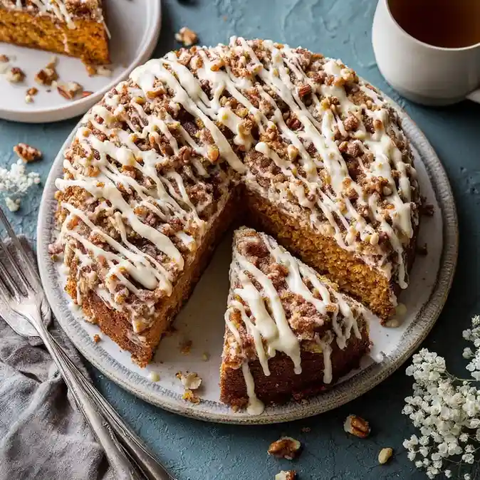Round sweet potato coffee cake topped with cinnamon pecan crumble and white icing, served with coffee on a blue table.