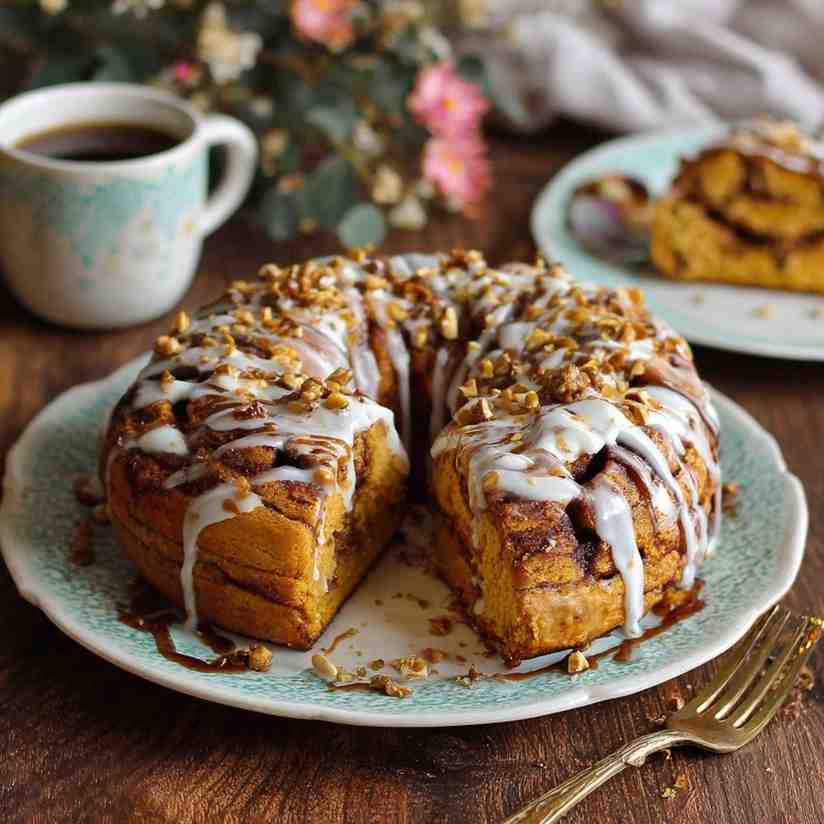 Slice of Sweet Potato Cinnamon Roll Cake with icing drizzle on a floral plate beside a cup of coffee.