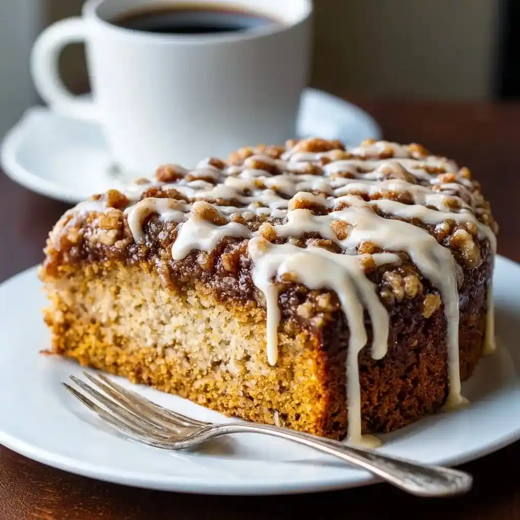 Close-up of a slice of sweet potato coffee cake with glaze and crumb topping, served on a white plate with a coffee cup.