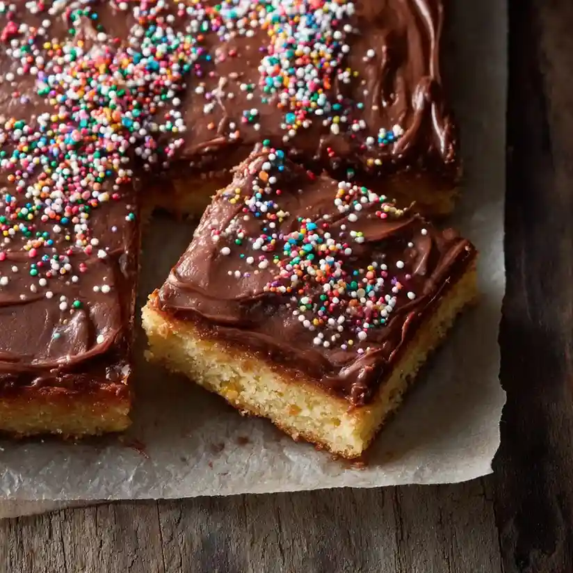 Vanilla sheet cake squares topped with chocolate frosting and colorful sprinkles.