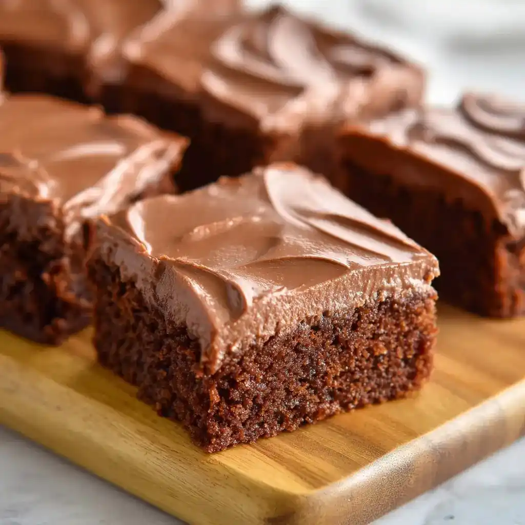 Squares of chocolate sheet cake with smooth chocolate frosting on a wooden board.