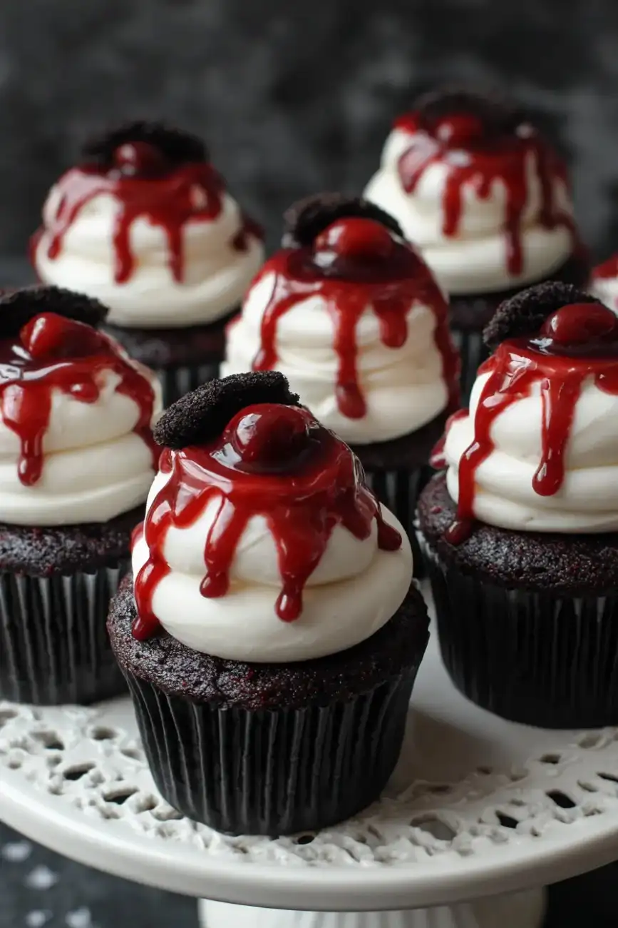 Dark chocolate Vampire Bite Cupcakes topped with creamy frosting, cherry, and dripping red sauce.