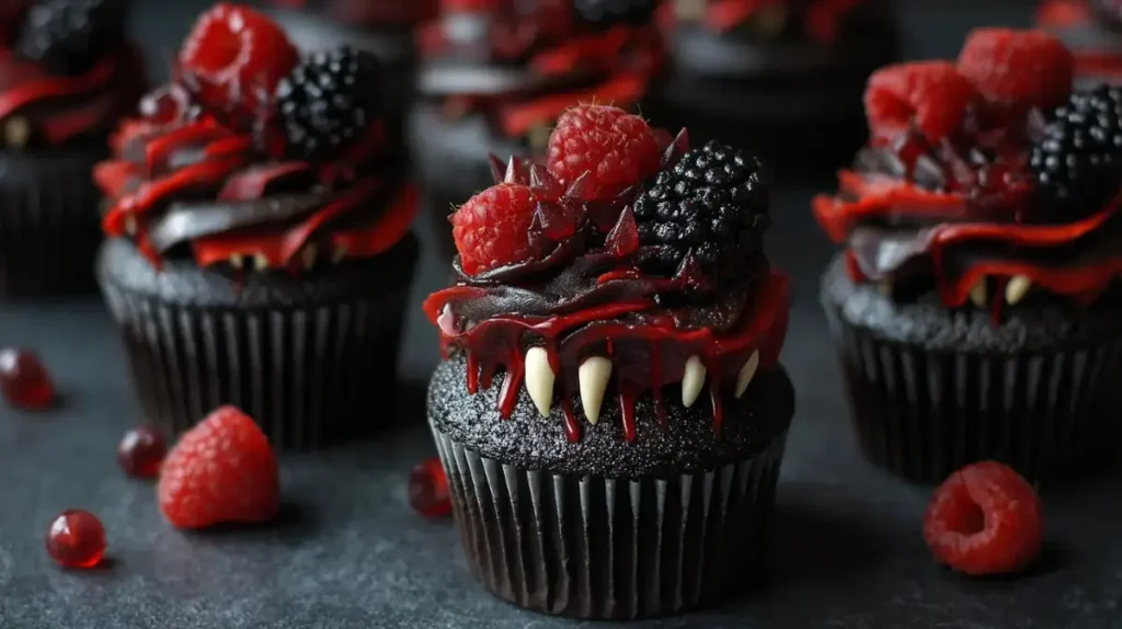 Black chocolate cupcakes with red frosting, candy fangs, and fresh berries for a vampire theme.