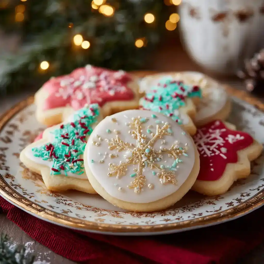 Assorted Christmas cookies decorated with snowflakes, stars, and trees in red, white, and green icing.