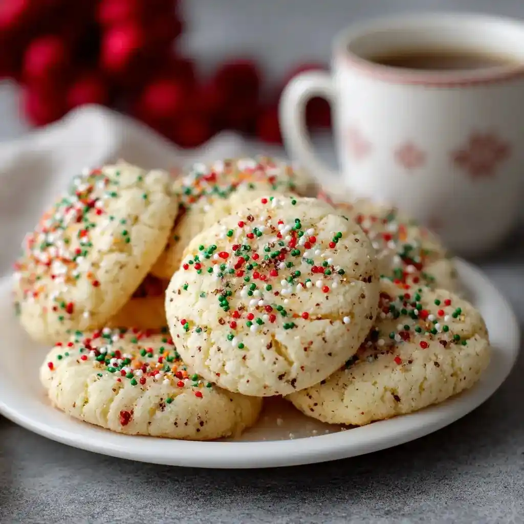 Plate of Christmas sprinkle cookies with red, green, and white decorations beside a festive cup of coffee.