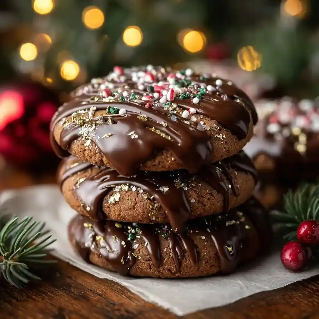 Stack of chocolate cookies drizzled with ganache and topped with holiday sprinkles and gold dust.