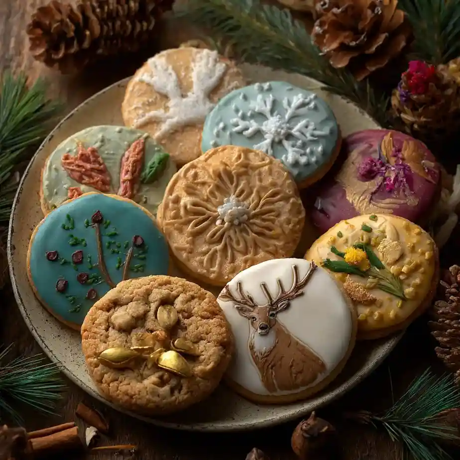 Artisan Yule cookies decorated with nature-inspired icing designs, snowflakes, and woodland motifs.