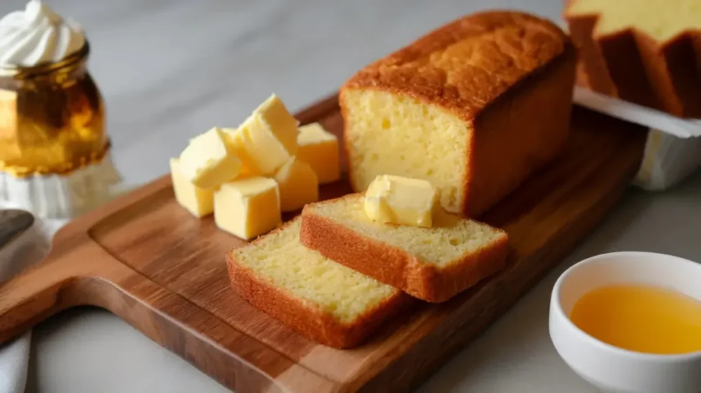 Freshly baked butter cake loaf with butter cubes on a wooden board.
