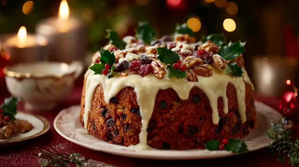 Christmas fruit cake topped with white glaze, pecans, cranberries, and holly decorations.