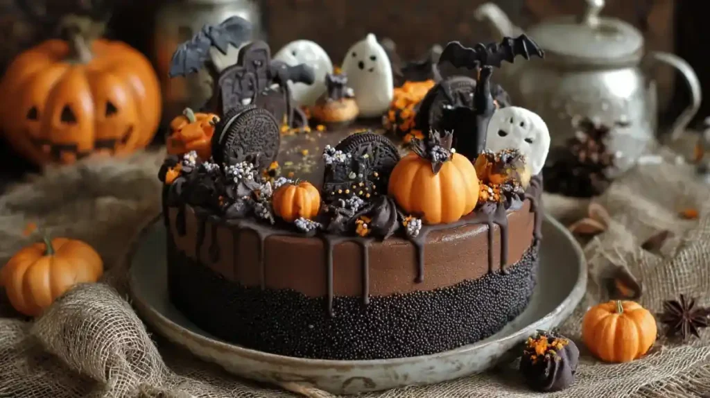 Halloween chocolate cake with pumpkins, bats, and ghost decorations on top of a dark chocolate drip.