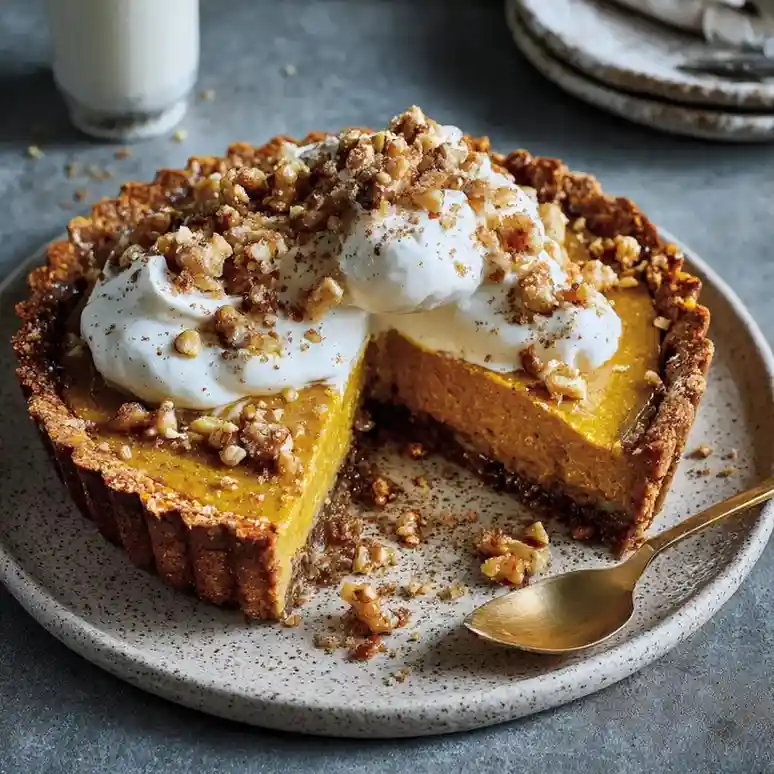 Creamy pumpkin spice tart topped with whipped cream and crunchy walnuts on a rustic plate.