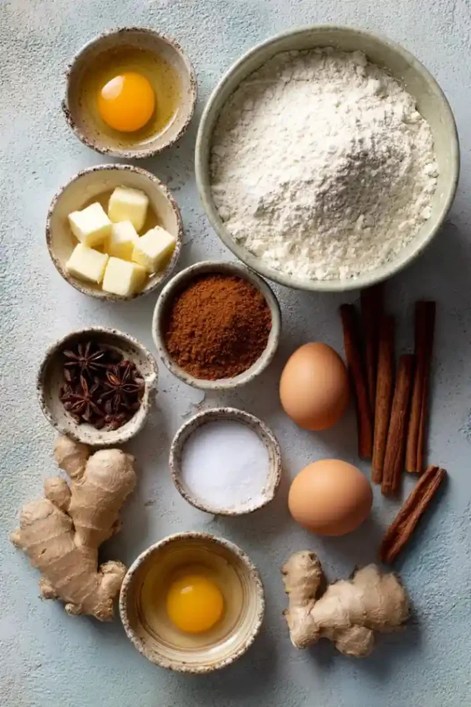 Overhead shot of gingerbread cake ingredients including flour, butter, eggs, cinnamon sticks, star anise, ginger, and brown sugar.
