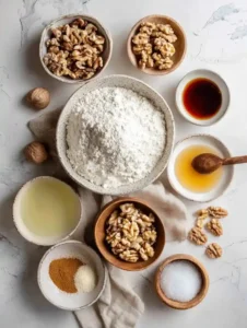 Flat lay of maple walnut cake ingredients flour, walnuts, maple syrup, sugar, and spices arranged in rustic ceramic bowls on a light marble surface.
