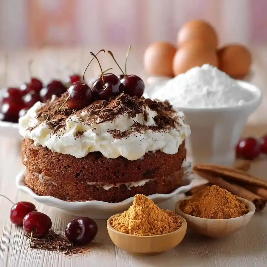 Unfrosted Black Forest Cake surrounded by ingredients like cherries, flour, cocoa, and eggs on a wooden table.