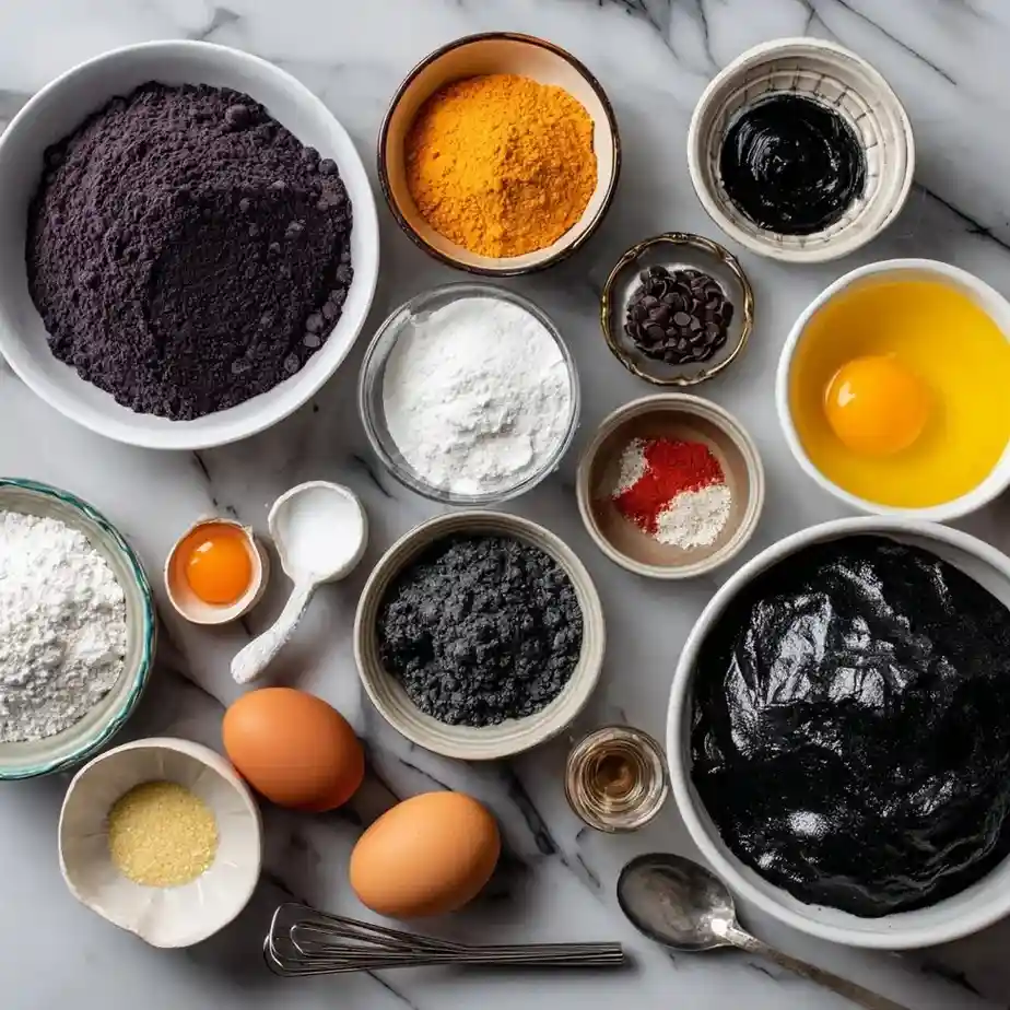 Flat lay of ingredients for Black Velvet Cake including black cocoa, flour, eggs, sugar, and food coloring.