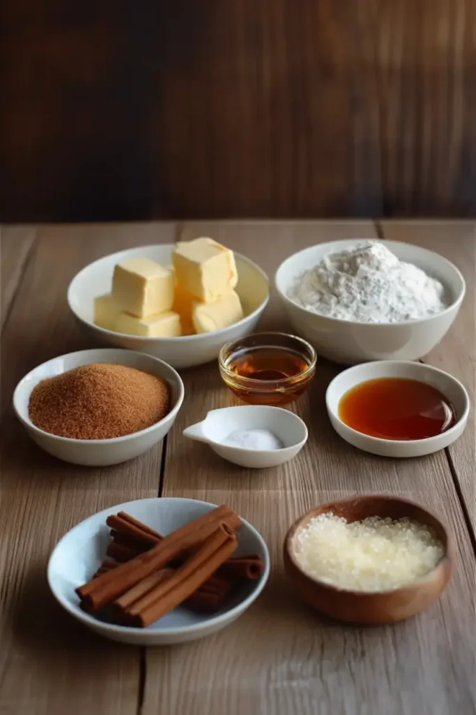 Ingredients for Brown Sugar Caramel Pound Cake arranged on a wooden table butter, brown sugar, flour, cinnamon, and caramel.