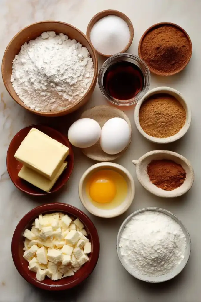 Flat lay of Brown Sugar Pound Cake ingredients: flour, butter, eggs, brown sugar, vanilla extract, and spices.